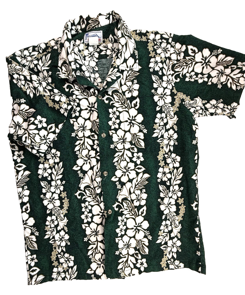 Vintage Hawaiian Shirt Green White floral medium cotton classic vacation